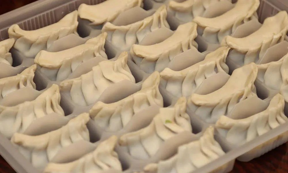 Frozen uncooked dumplings neatly arranged in a plastic tray for storage